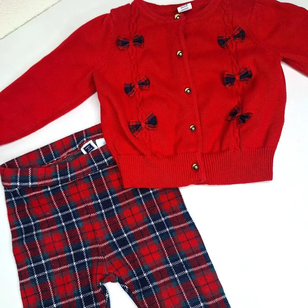 Janie and Jack Girls Plaid Tartan Holiday Outfit Cardigan Pants 12-18m Christmas